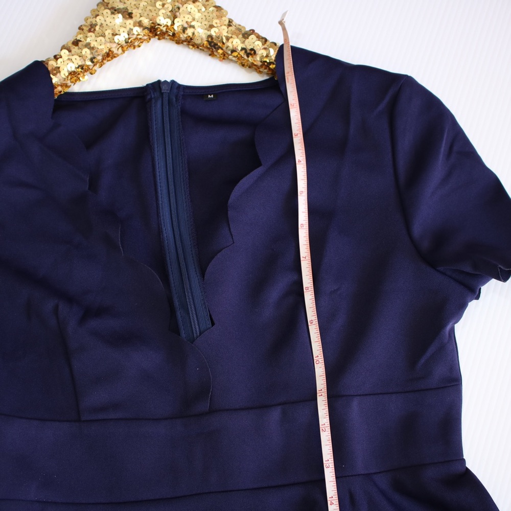 Navy Blue V Neck Scallops Fit & Flare Dress - Picture 7 of 7